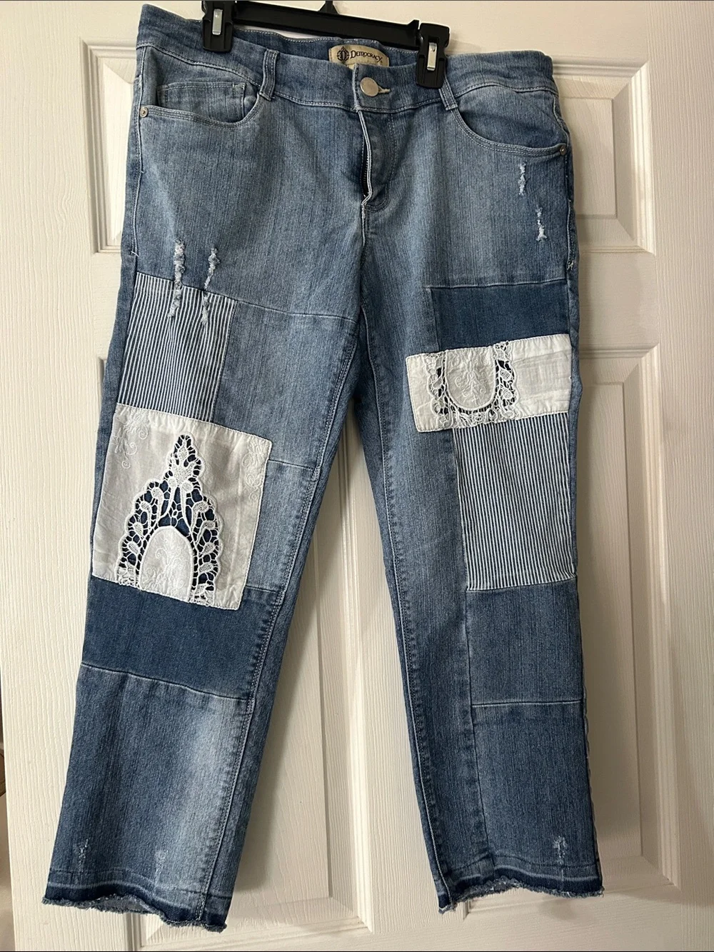 Democracy Patchwork Ankle Jeans in Blue with White Lace - Picture 1 of 3